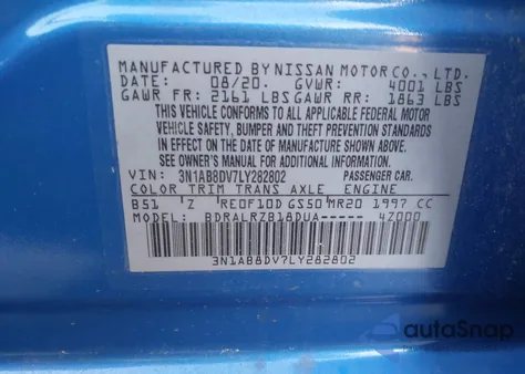 2020 Nissan Sentra Sr Xtronic Cvt из США, поврежденный, VIN 3N1AB8DV7LY282802